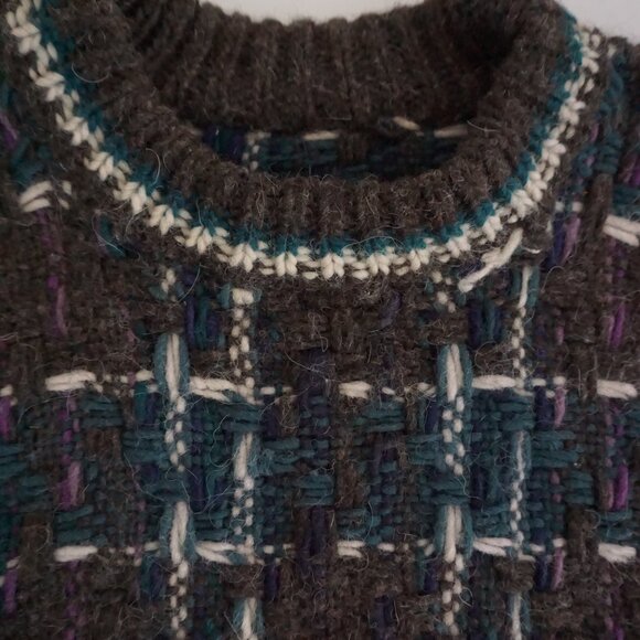 Vintage Wool Brown Teal Textured Grid Knit Sweater Cabincore Retro 80s/90s L - Picture 9 of 10